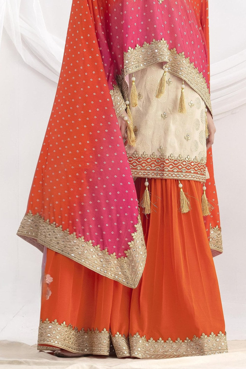Orange Simmer Jacquad Silk Kameez With Attech Kaftan With Sharara For Indian & Pakistani Wedding Festival - Sequins & Thread Embroidery Work, Print Work - hem and footwear detail