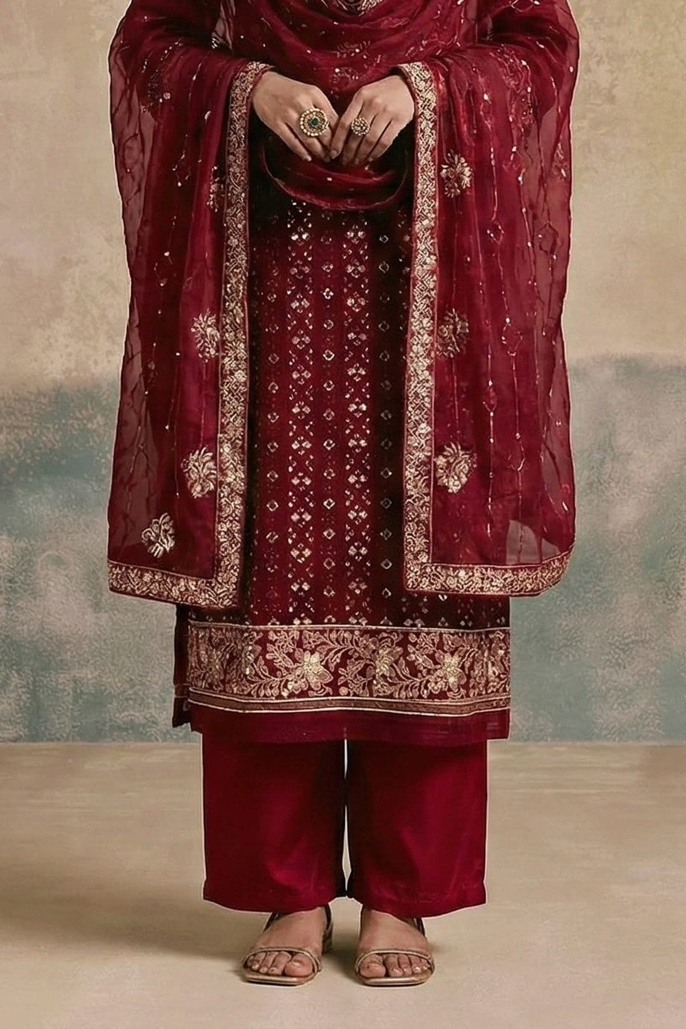 Maroon Georgette Kameez With Pant For Indian & Pakistani Wedding Festival - Thread & Sequins Embroidery Work, Khatli Work - hem and footwear detail