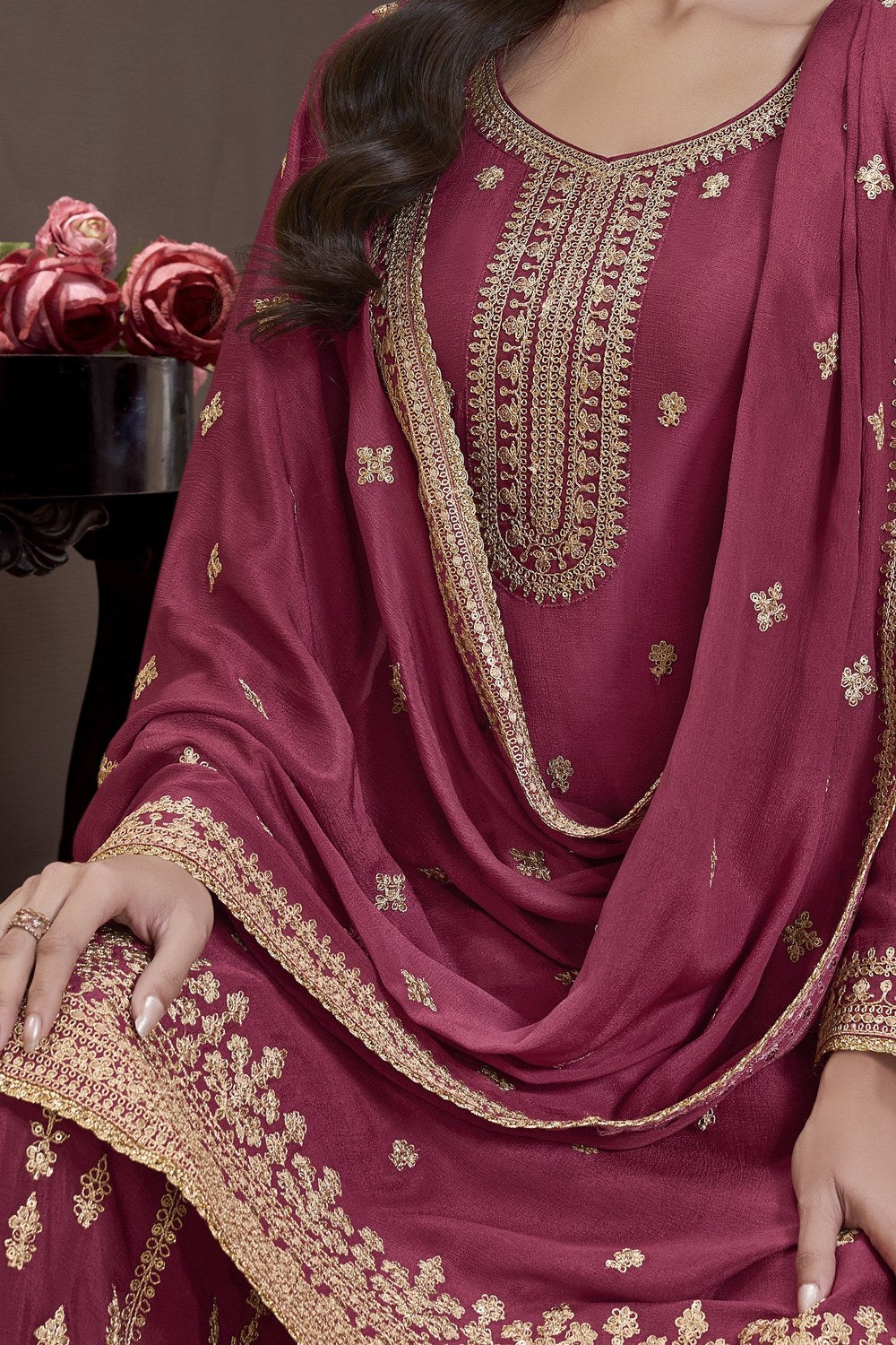 Dark Pink Chinon Silk Palazzo Suit For Indian Wedding & Pakistani Festival - Embroidery Work - hem and footwear detail