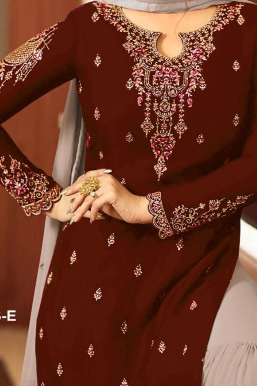 Reddish Maroon Georgette Pakistani Sharara Suit for Wedding - Thread Embroidery Work 1300 RTS - hem and footwear detail