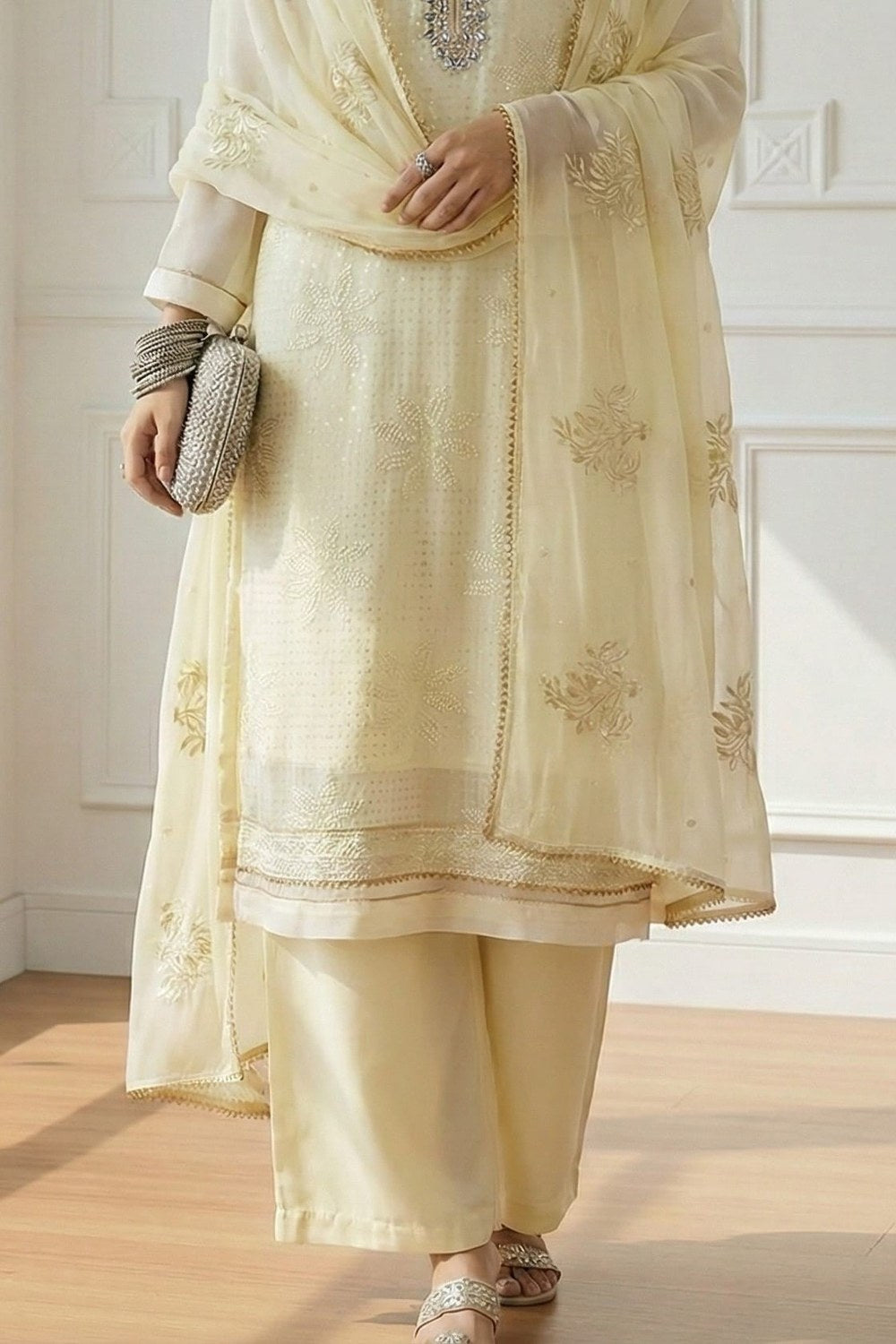 Cream Georgette Kameez With Pant For Indian & Pakistani Wedding Festival - Sequins & Thread Embroidery Work, Khatli Work - hem and footwear detail