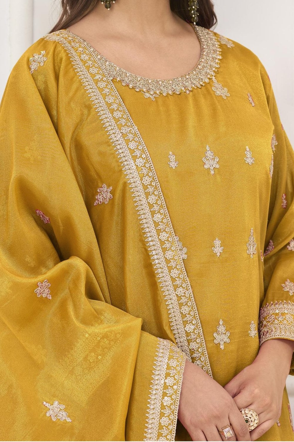Mustard Yellow Haldi Outfit Palazzo Suit in Simmer Silk & Embroidery Work - hem and footwear detail