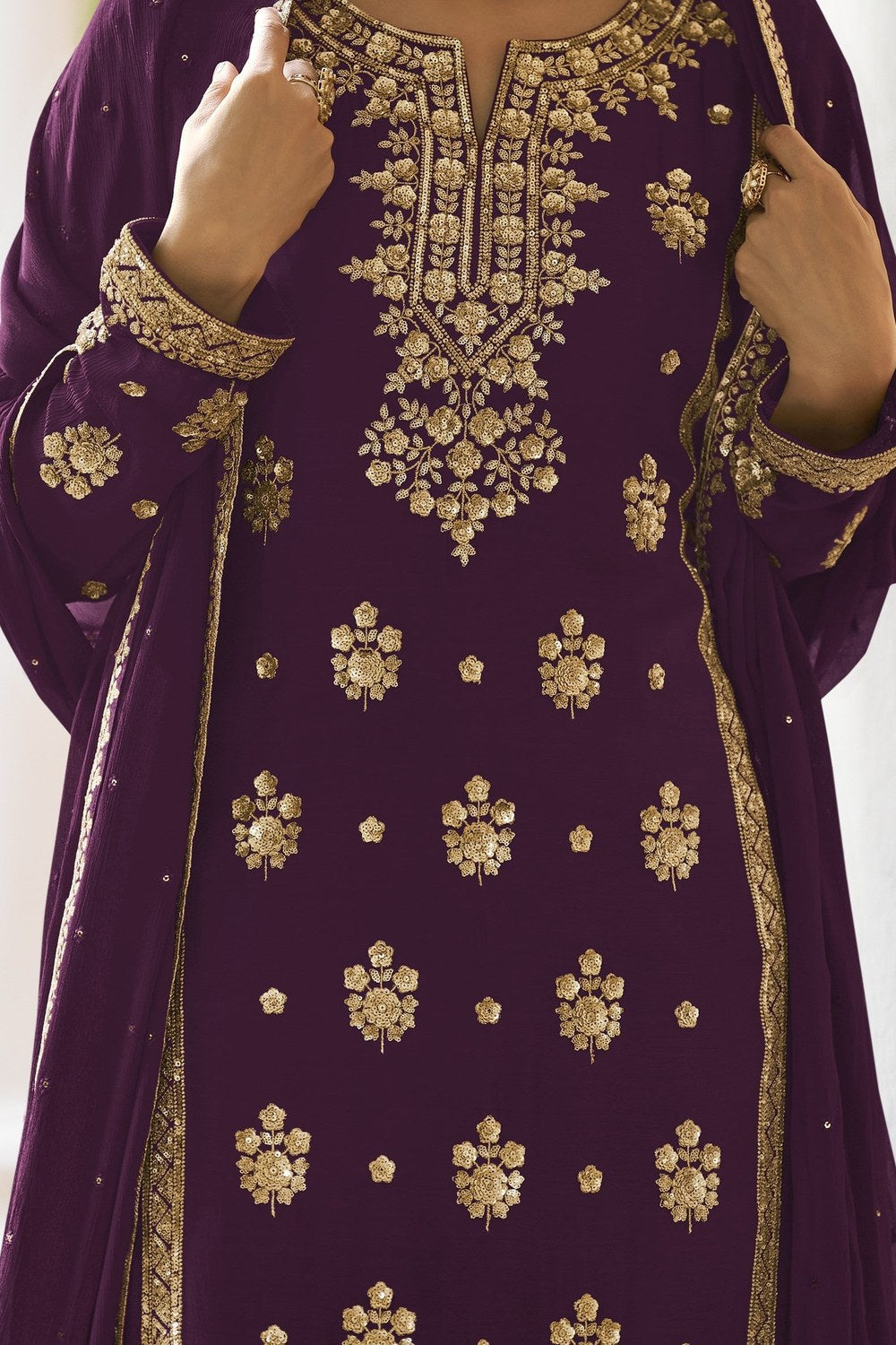Plum Straight Cut Pakistani Suit in Chinon Silk Palazzo Suit with Sequins & Thread Embroidery - hem and footwear detail