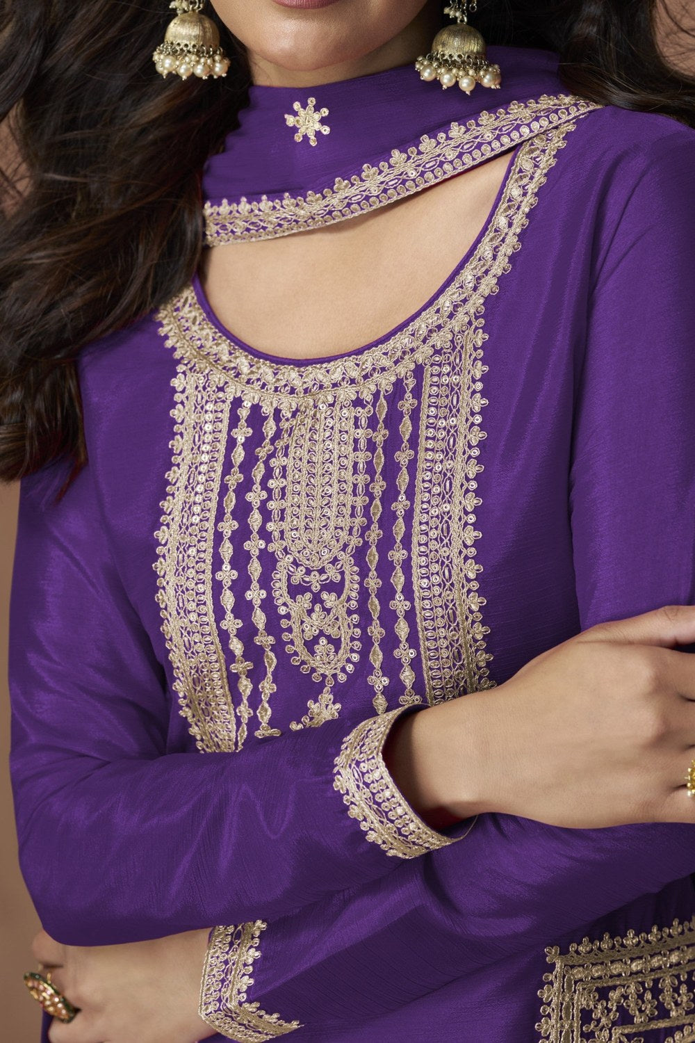 Purple Chinon Silk Plazo Suit For Indian & Pakistani Wedding Festival - Embroidery Work - hem and footwear detail