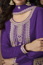 Purple Chinon Silk Plazo Suit For Indian & Pakistani Wedding Festival - Embroidery Work - hem and footwear detail