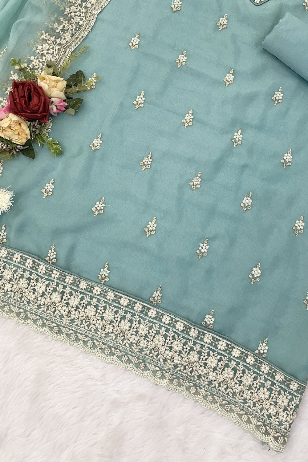 Teal Organza Silk Kameez With Pant For Indian & Pakistani Wedding Festival - Embroidery Work - hem and footwear detail