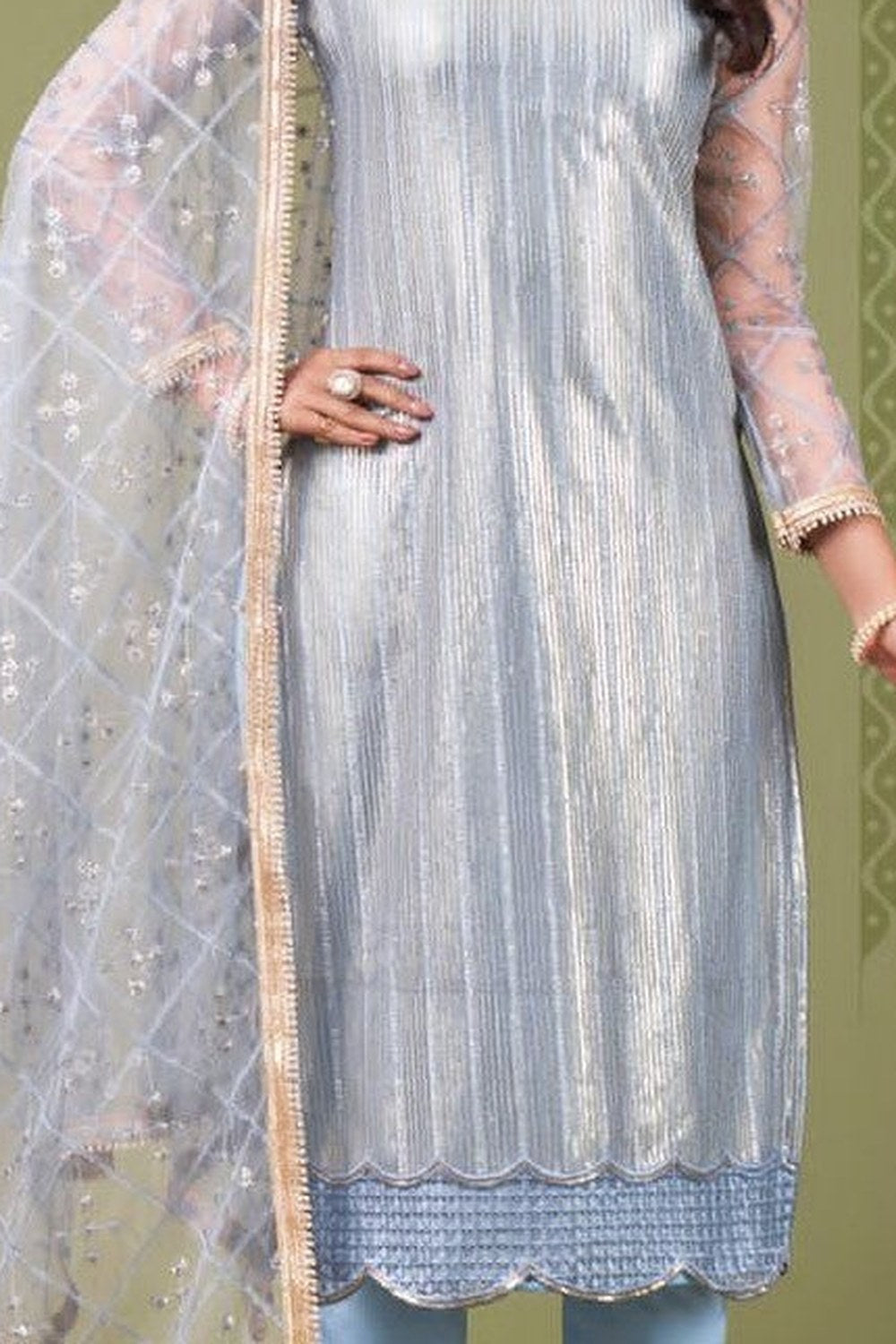 Sky Blue Net Kameez with Pant Indian Attire for Women - hem and footwear detail