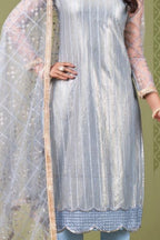 Sky Blue Net Kameez with Pant Indian Attire for Women - hem and footwear detail