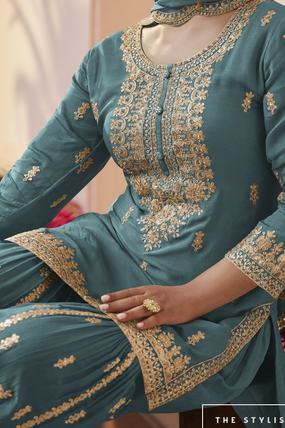 Teal Pakistani Sharara Suits for Wedding in Chinon Silk - Sequins Dori Work - hem and footwear detail