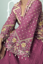 Pink Chinon Silk Kameez With Skirt For Indian & Pakistani Wedding Festival - Thread Embroidery Work, Real Mirror Work, Dori Work - hem and footwear detail