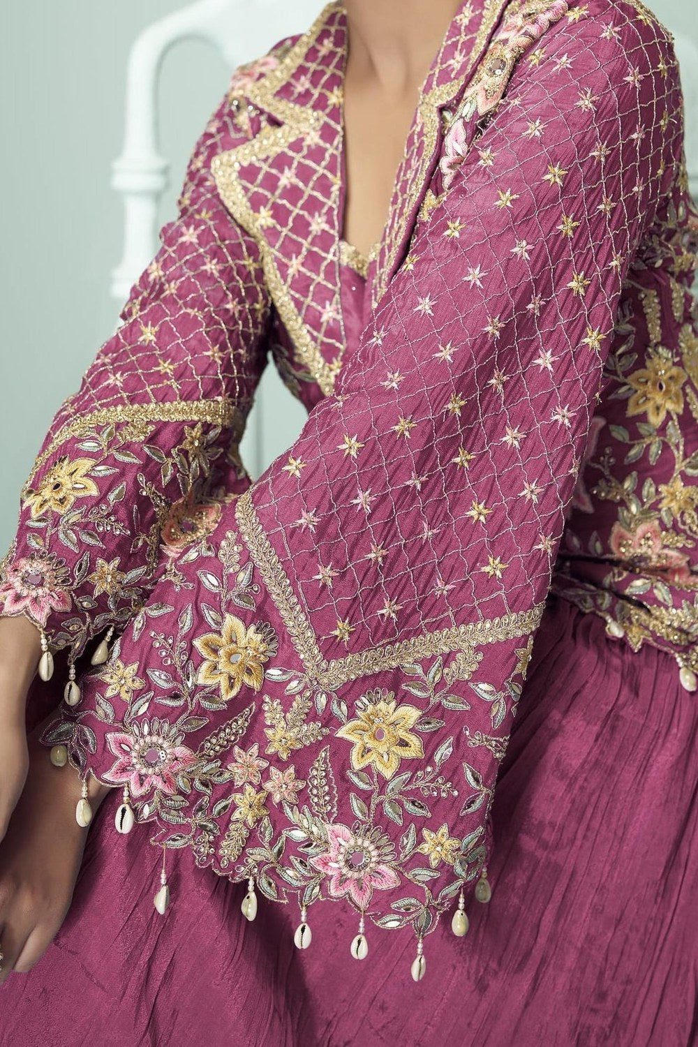 Pink Chinon Silk Kameez With Skirt For Indian & Pakistani Wedding Festival - Thread Embroidery Work, Real Mirror Work, Dori Work - hem and footwear detail