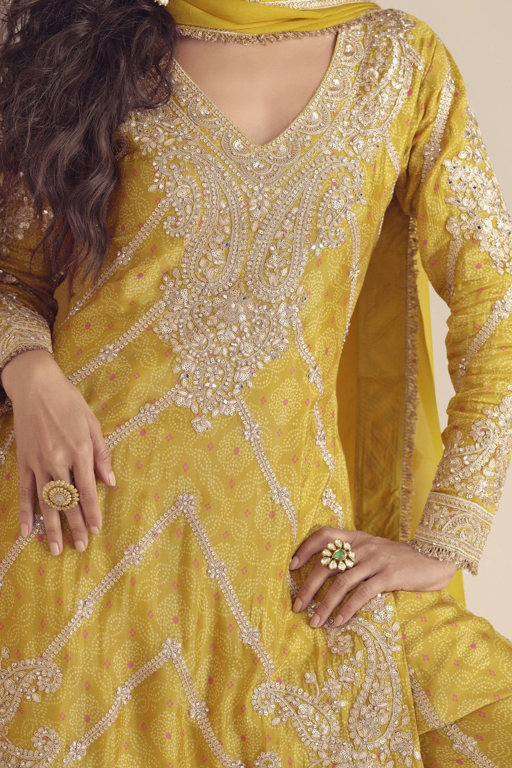 Yellow Chinon Silk Kameez With Palazzo Suit For Indian & Pakistani Wedding Festival - Print Work, Thread & Sequence Embroidery - hem and footwear detail