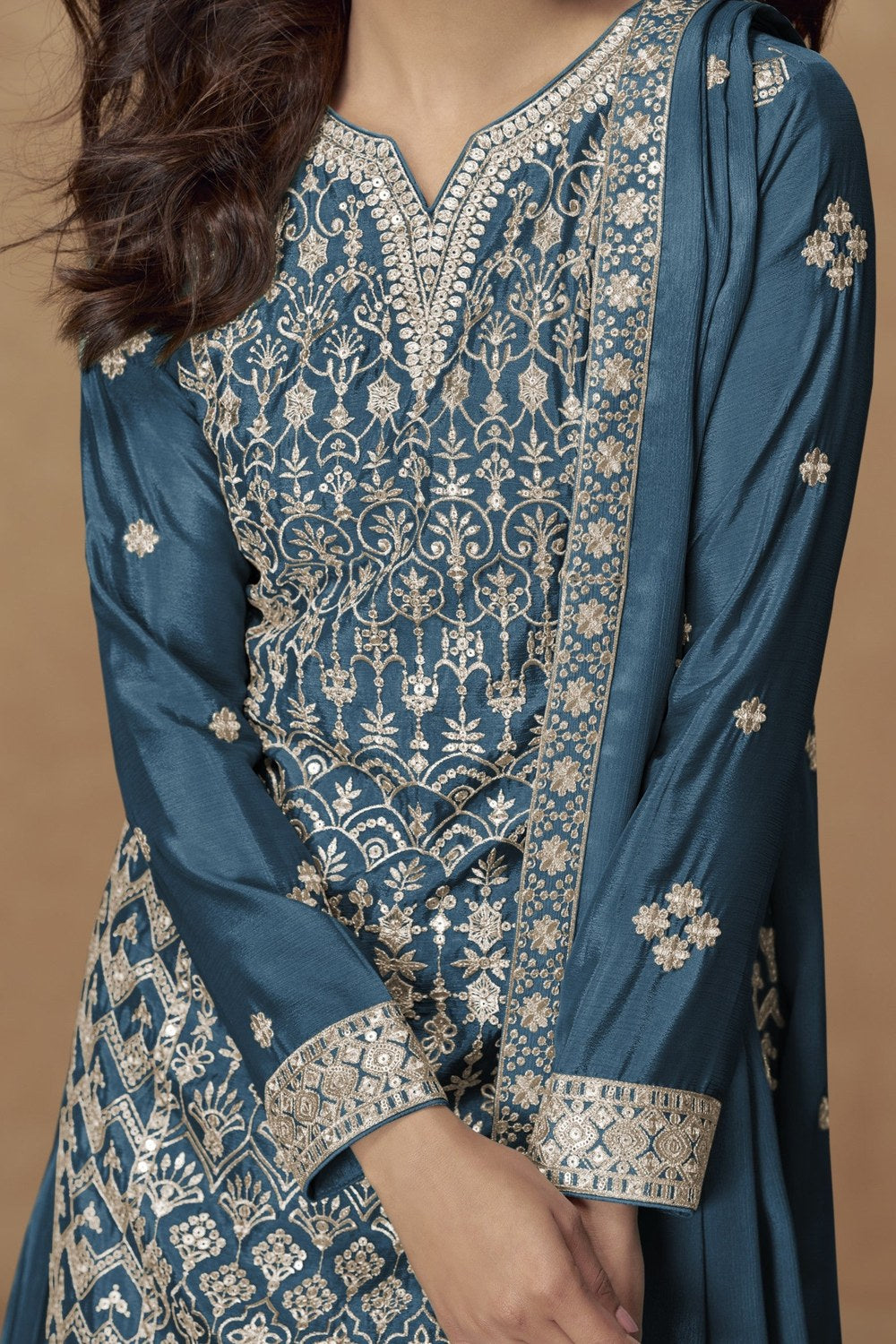 Teal Chinon Silk Kameez With Plazzo Suit For Indian & Pakistani Wedding Festival - Thread & Sequence Embroidery - hem and footwear detail