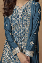 Teal Chinon Silk Kameez With Plazzo Suit For Indian & Pakistani Wedding Festival - Thread & Sequence Embroidery - hem and footwear detail