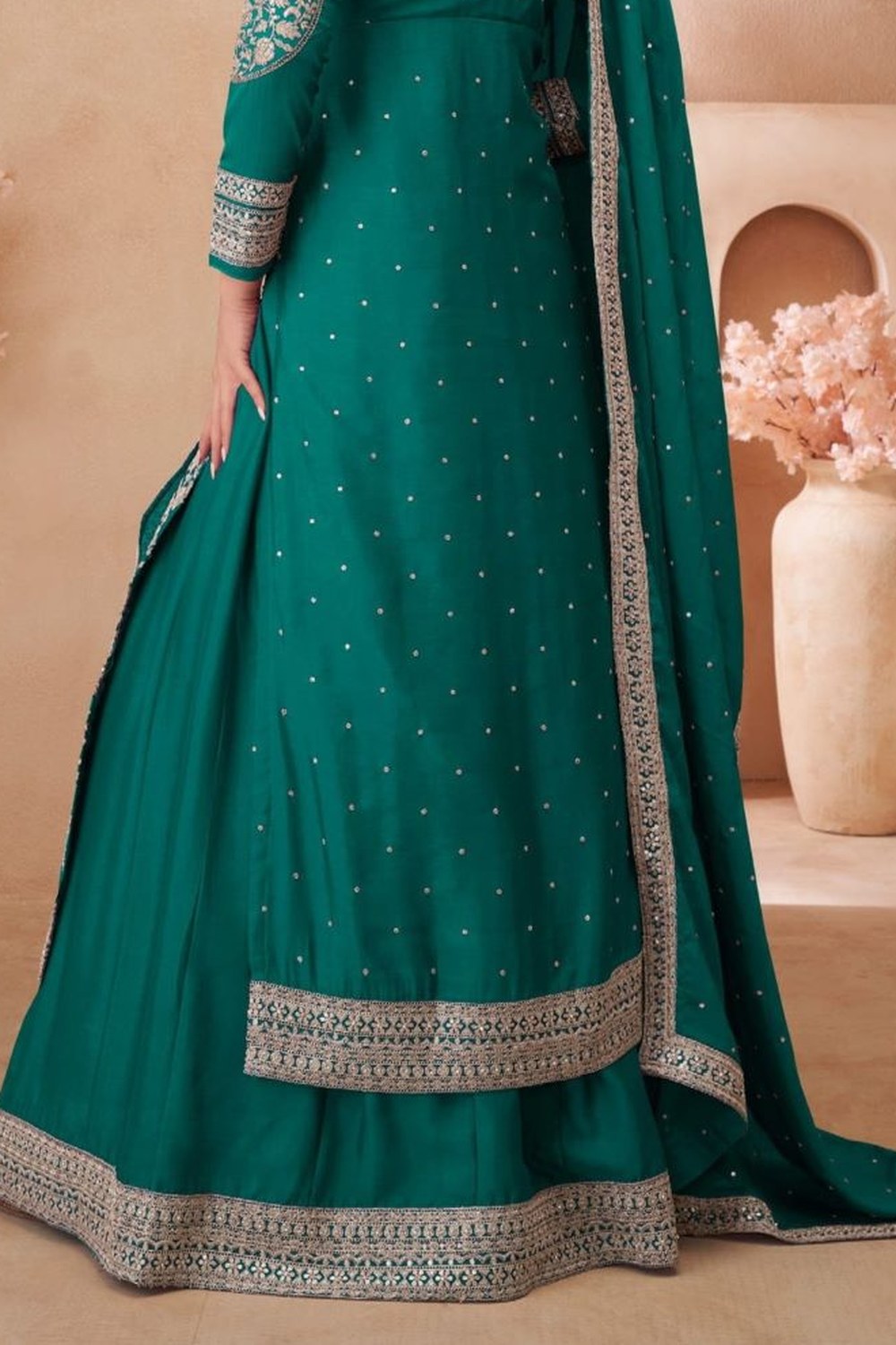 Teal Chinon Silk Kameez With Skirt For Indian & Pakistani Wedding Festival - Embroidery Work - hem and footwear detail