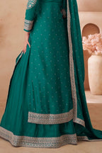 Teal Chinon Silk Kameez With Skirt For Indian & Pakistani Wedding Festival - Embroidery Work - hem and footwear detail
