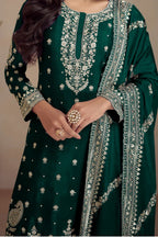Green Chinon Silk Plazo Suit For Indian Weddings & Pakistani Festival - Embroidery Work - hem and footwear detail