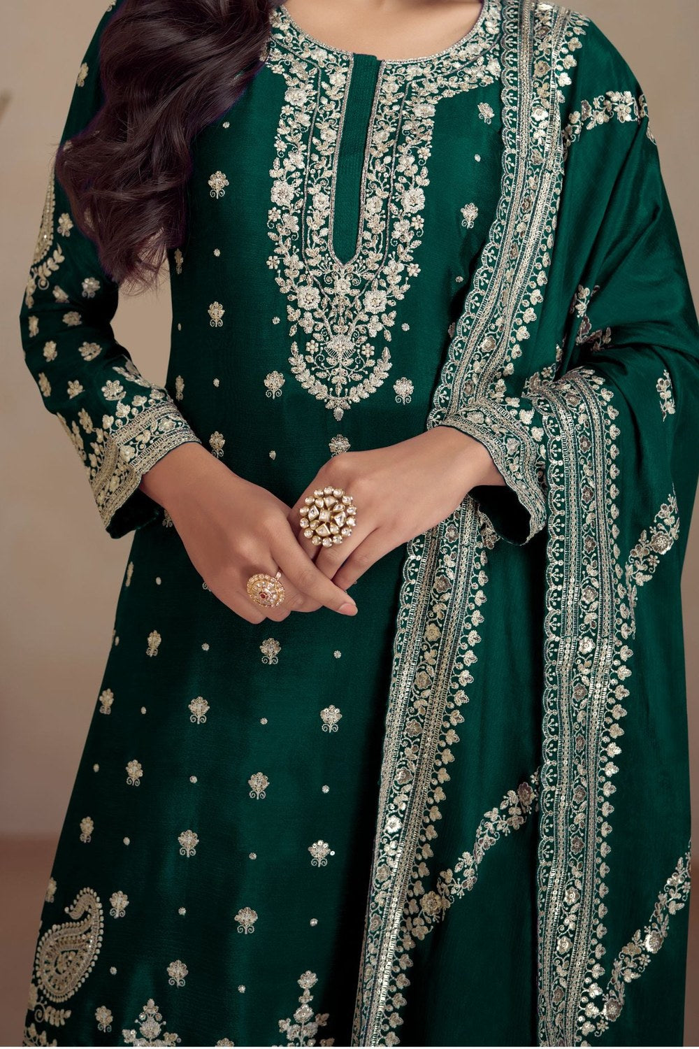 Green Chinon Silk Plazo Suit For Indian Weddings & Pakistani Festival - Embroidery Work - hem and footwear detail