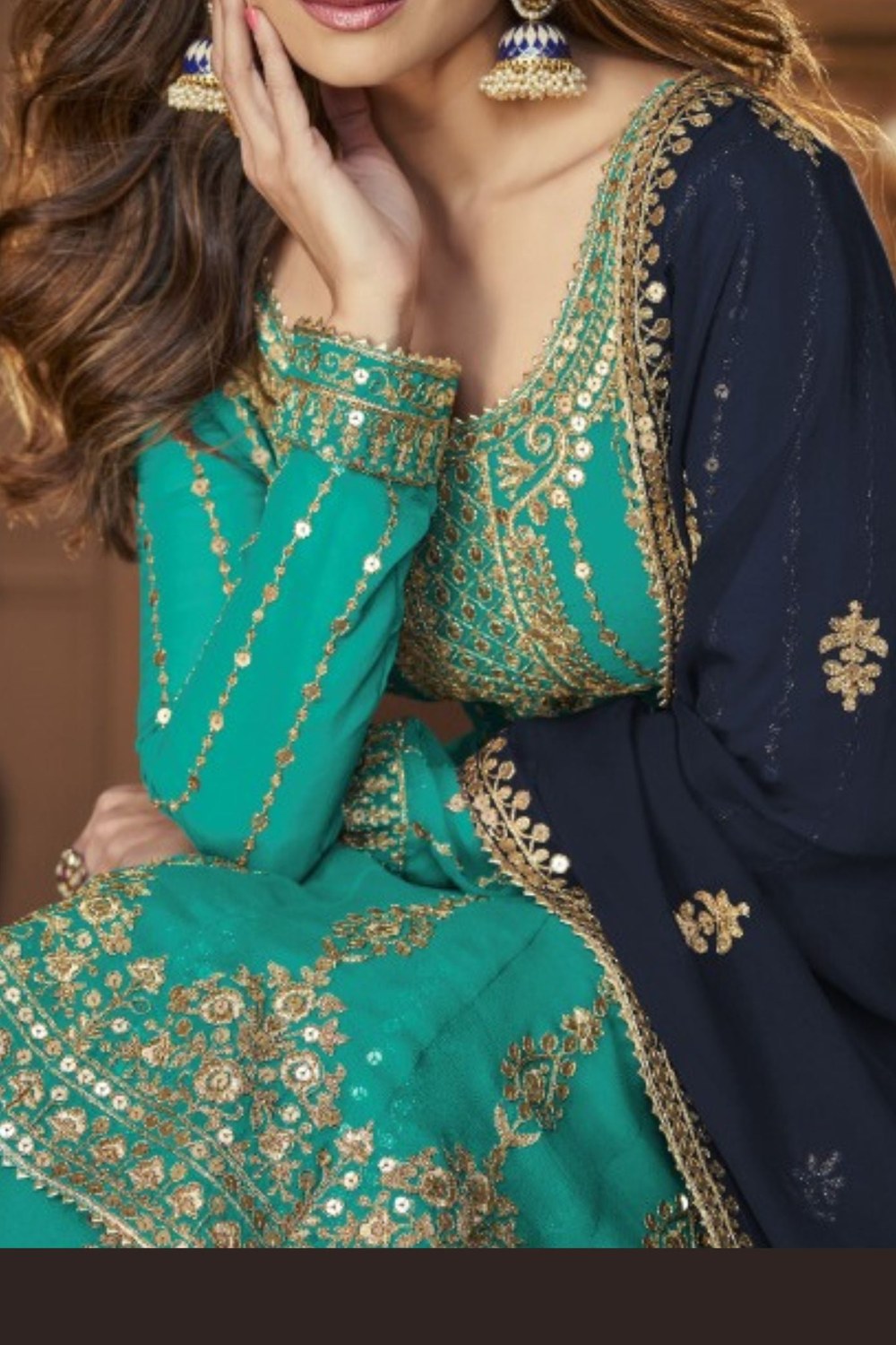 Light Blue Georgette Kameez with Skirt Suit For Indian Wedding & Festival - Sequence Embroidery Work - hem and footwear detail