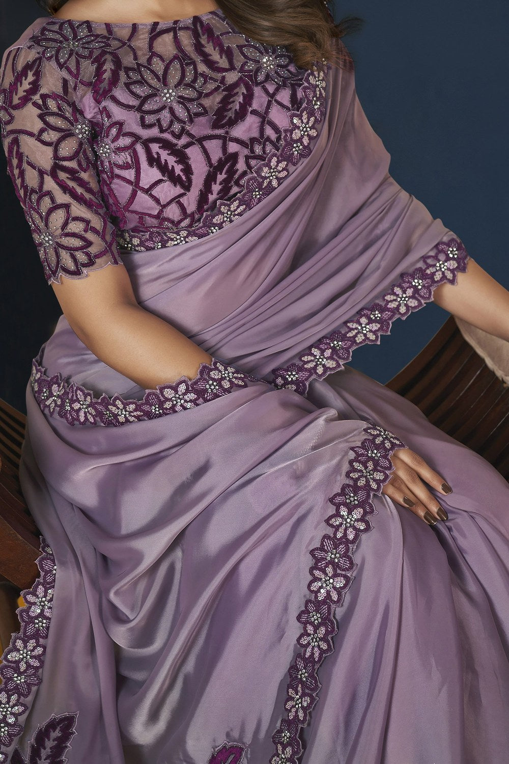 Purple Crepe Satin Silk Saree With Stitched Blouse For Indian & Pakistani Wedding Festival - Sequence Embroidery Work, Stone Work - hem and footwear detail