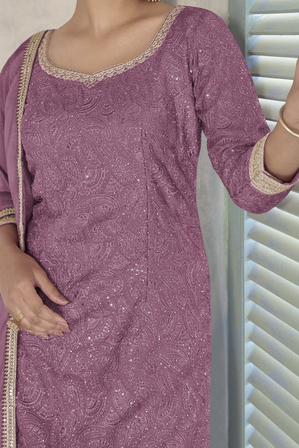 Mauve Chinon Silk Plazo Dress for Women with Thread Embroidery - hem and footwear detail