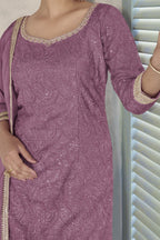 Mauve Chinon Silk Plazo Dress for Women with Thread Embroidery - hem and footwear detail