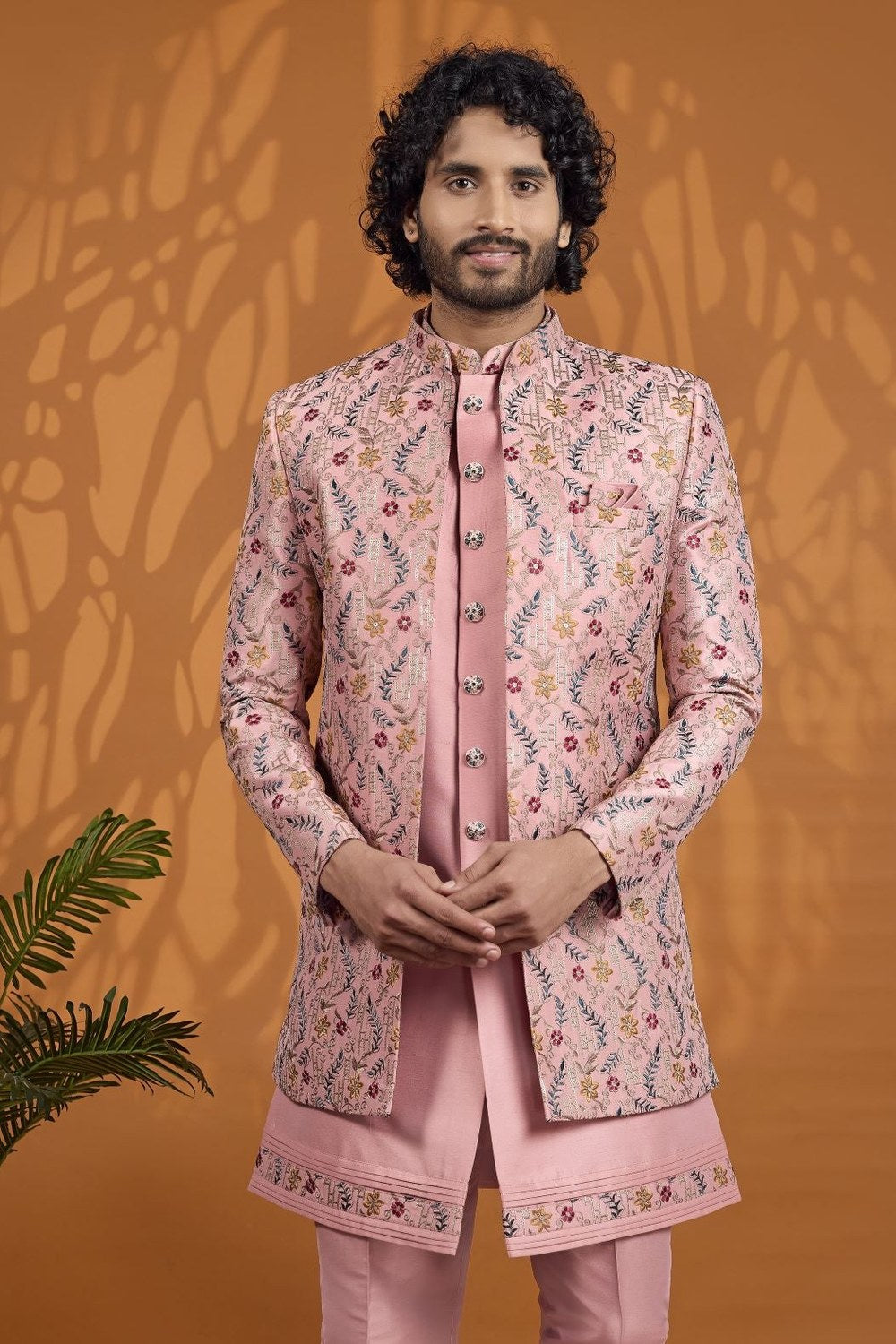 Dusty Rose Sherwani for Men Wedding 3 Piece Set in Art Silk - close-up view