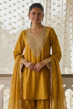 Mustard Yellow Cotton Silk Loose Fit A Line Kurta Set for Women with Embroidery - close-up view