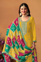 Yellow Chinon Silk Kameez Pant Suit For Indian Festivals & Weddings - Thread Embroidery Work, Sequence Embroidery Work - close-up view