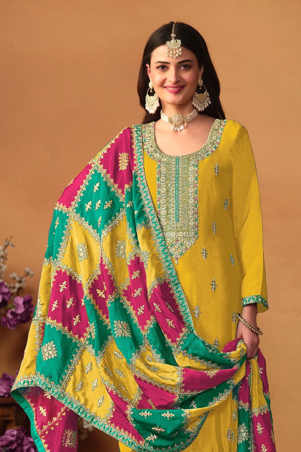 Yellow Chinon Silk Kameez Pant Suit For Indian Festivals & Weddings - Thread Embroidery Work, Sequence Embroidery Work - close-up view