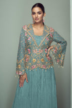 Teal Chinon Silk Kameez With Skirt For Indian & Pakistani Wedding Festival - Thread Embroidery Work, Real Mirror Work, Dori Work - close-up view