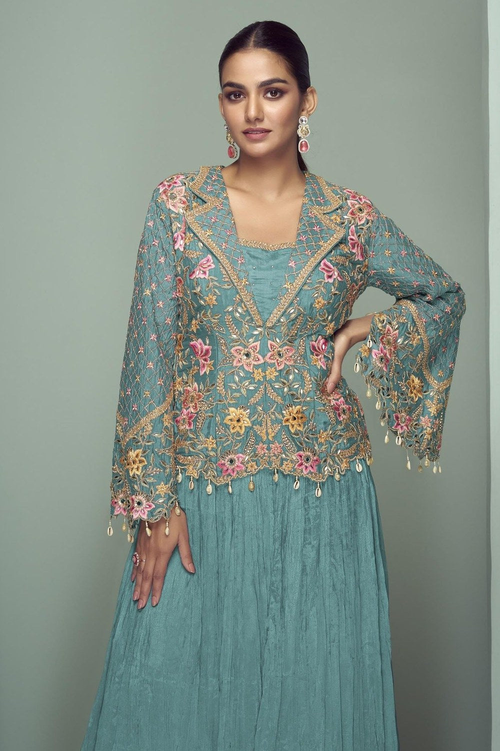 Teal Chinon Silk Kameez With Skirt For Indian & Pakistani Wedding Festival - Thread Embroidery Work, Real Mirror Work, Dori Work - close-up view