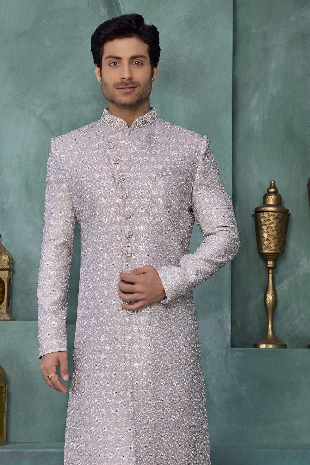 Lavender Art Silk Thread Work Sherwani - Kurta Pajama for Male - close-up view