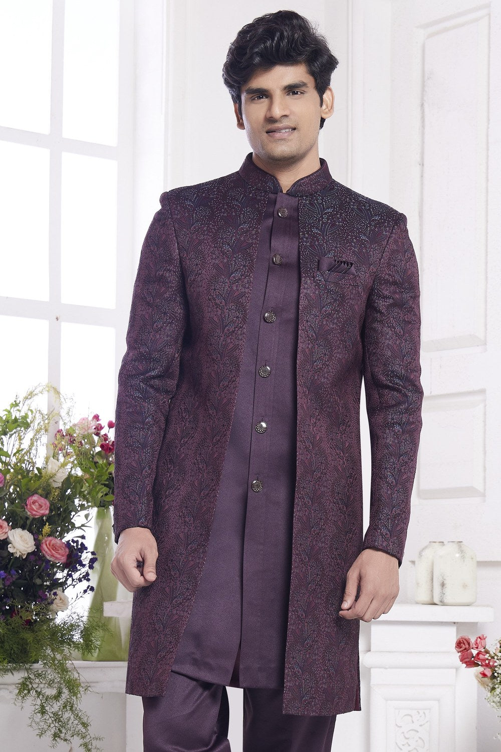 Dark Purple Jacquard Silk Indo Western Traditional Sherwani Kurta with Jacket & Pant for Men for Wedding - Embroidery Work - close-up view