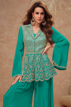 Turquoise Chinon Silk Plazo Suit For Indian Weddings & Pakitani Festivals - Embroidery Work - close-up view