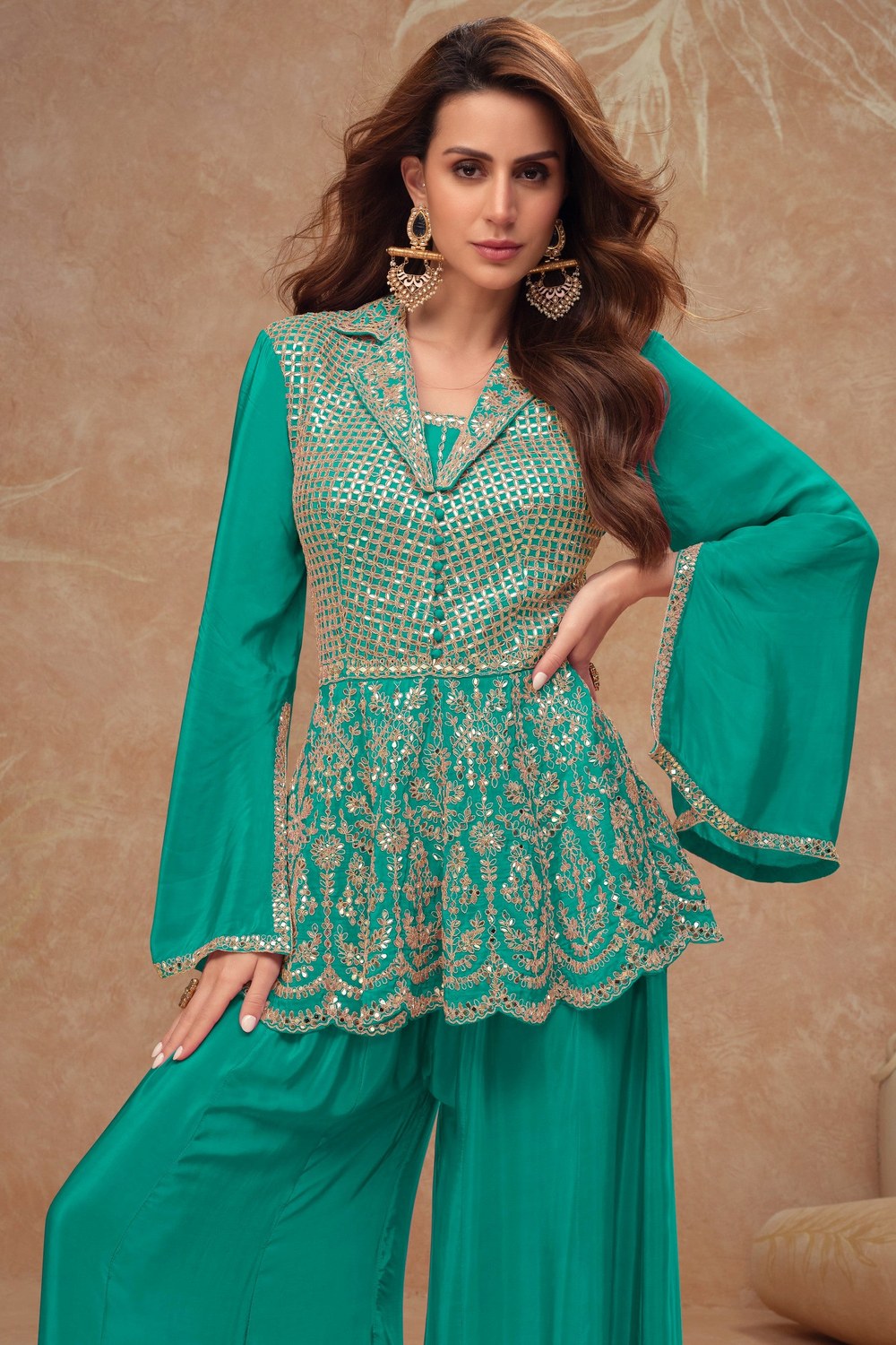 Turquoise Chinon Silk Plazo Suit For Indian Weddings & Pakitani Festivals - Embroidery Work - close-up view