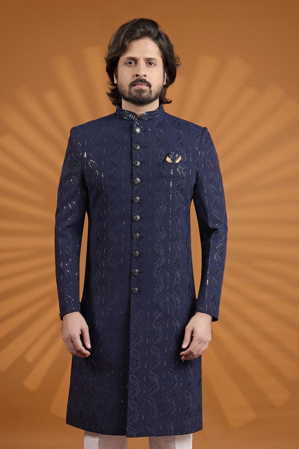 Navy Blue Indian Wedding Suits for Mens - Embroidery Kurta Pajama - close-up view