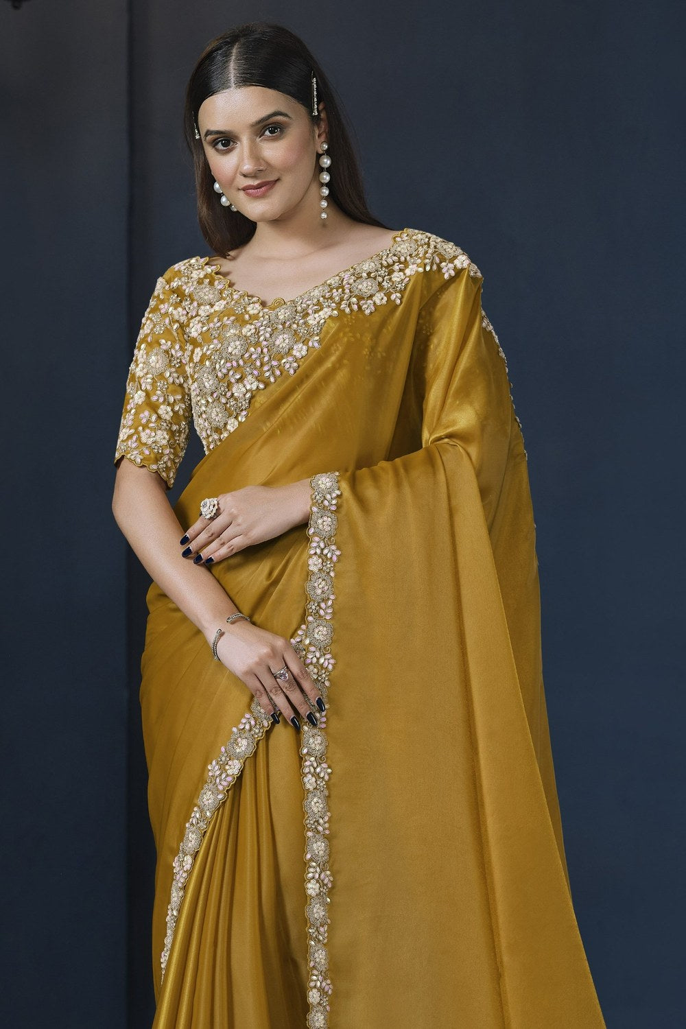Mustard Crepe Satin Silk Saree With Stitched Blouse For Indian & Pakistani Wedding Festival - Dori Work, Sequence Embroidery Work, Stone Work - close-up view