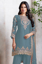 Light Teal Georgette Kameez With Dhoti Suit For Indian & Pakistani Wedding Festival - Thread & Sequence Embroidery - close-up view