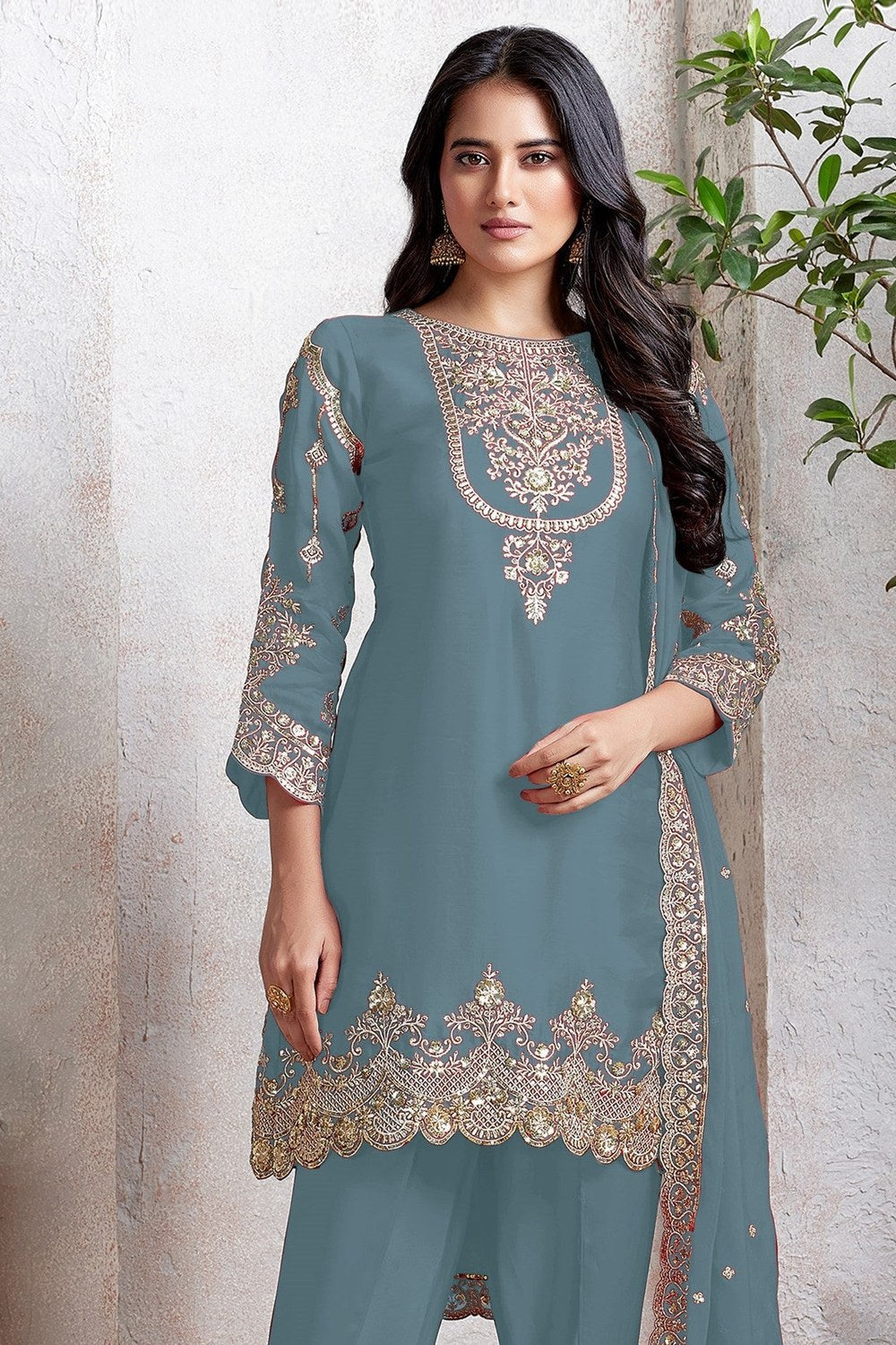 Light Teal Georgette Kameez With Dhoti Suit For Indian & Pakistani Wedding Festival - Thread & Sequence Embroidery - close-up view