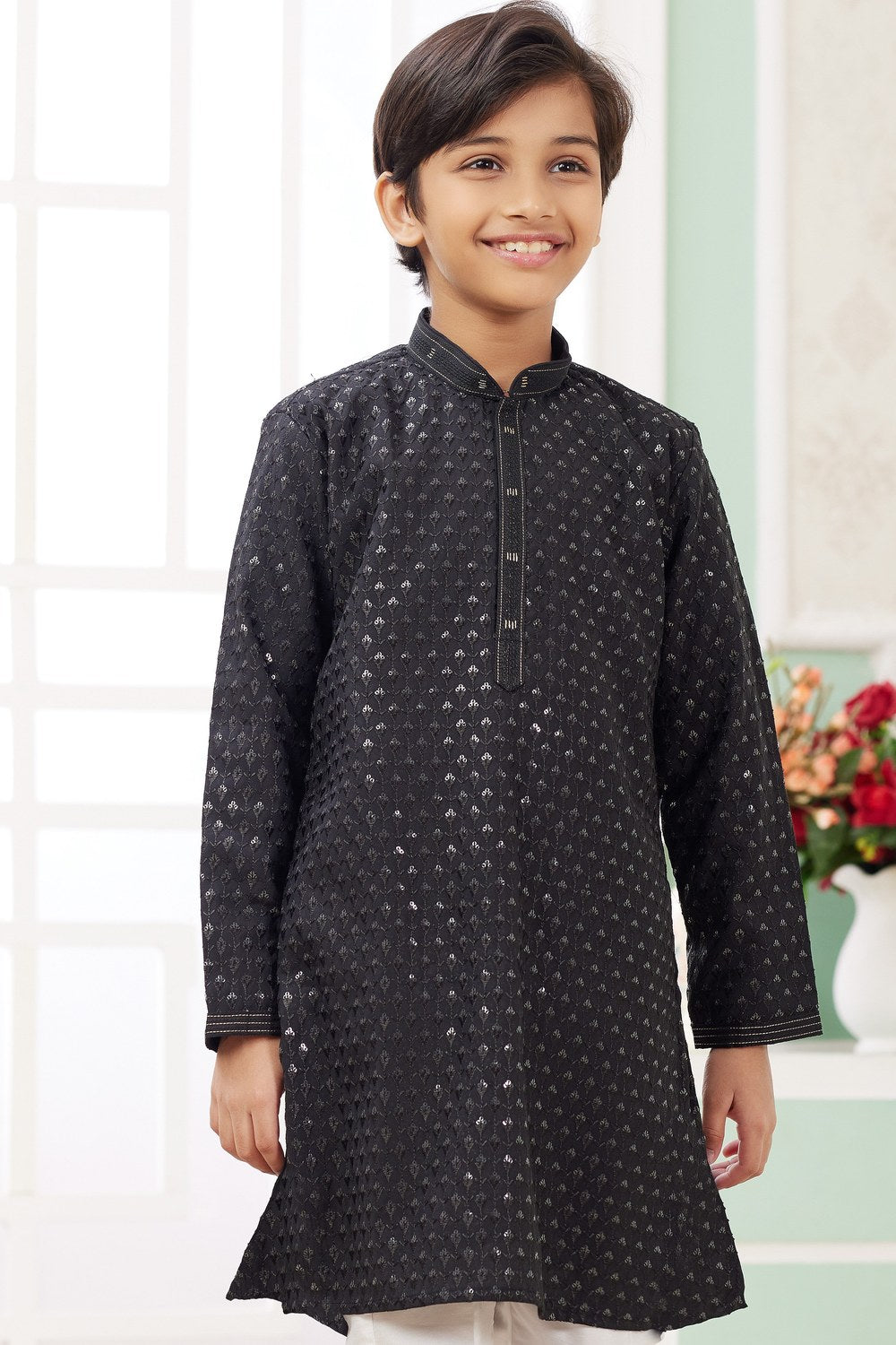 Black Art Silk 2 Piece Kids Wear Boys Suit Long Kurta Pajama for Kids for Festivals & Wedding - Embroidery Work - close-up view