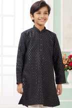 Black Art Silk 2 Piece Kids Wear Boys Suit Long Kurta Pajama for Kids for Festivals & Wedding - Embroidery Work - close-up view