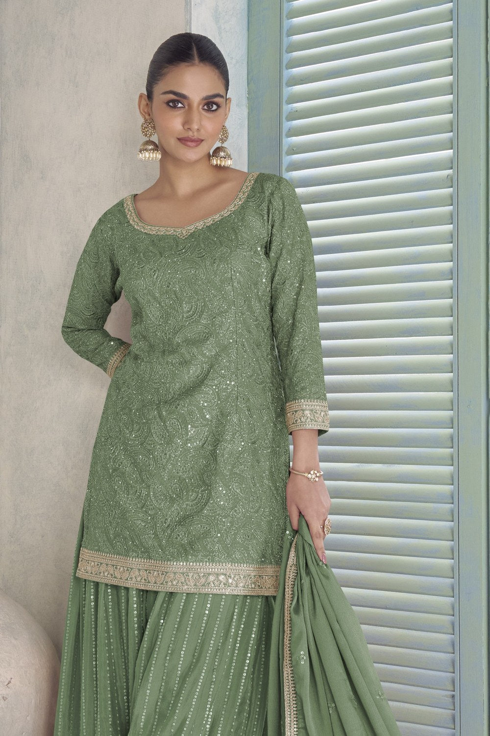 Green Chinon Silk Plazo Dress for Women with Embroidery Work - close-up view