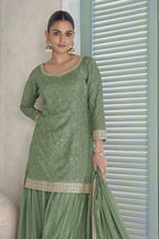 Green Chinon Silk Plazo Dress for Women with Embroidery Work - close-up view