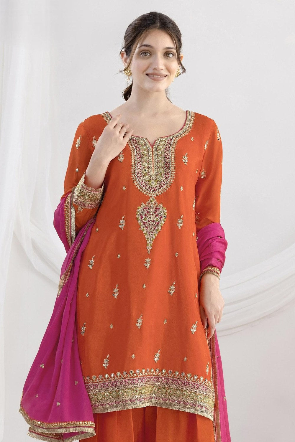 Orange Chinon Silk Farshi Salwar Kameez For Indian & Pakistani Wedding Festival - Real Mirror Work, Sequence Embroidery Work, Dori Work - close-up view