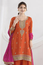 Orange Chinon Silk Farshi Salwar Kameez For Indian & Pakistani Wedding Festival - Real Mirror Work, Sequence Embroidery Work, Dori Work - close-up view