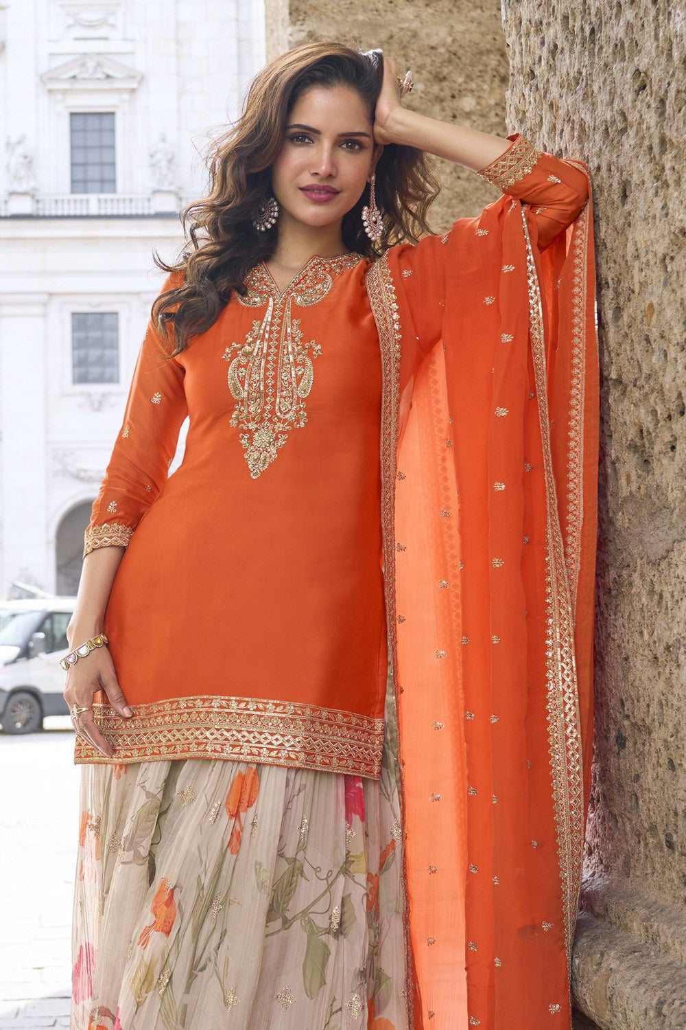 Orange Chinon Silk Kameez With Palazzo Suit For Indian & Pakistani Wedding Festival - Print Work, Thread & Sequence Embroidery - close-up view