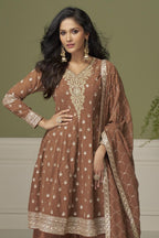 Brown Georgette Kameez With Palazzo For Indian & Pakistani Wedding Festival - Thread & Sequins Embroidery Work, Swarovski Work - close-up view