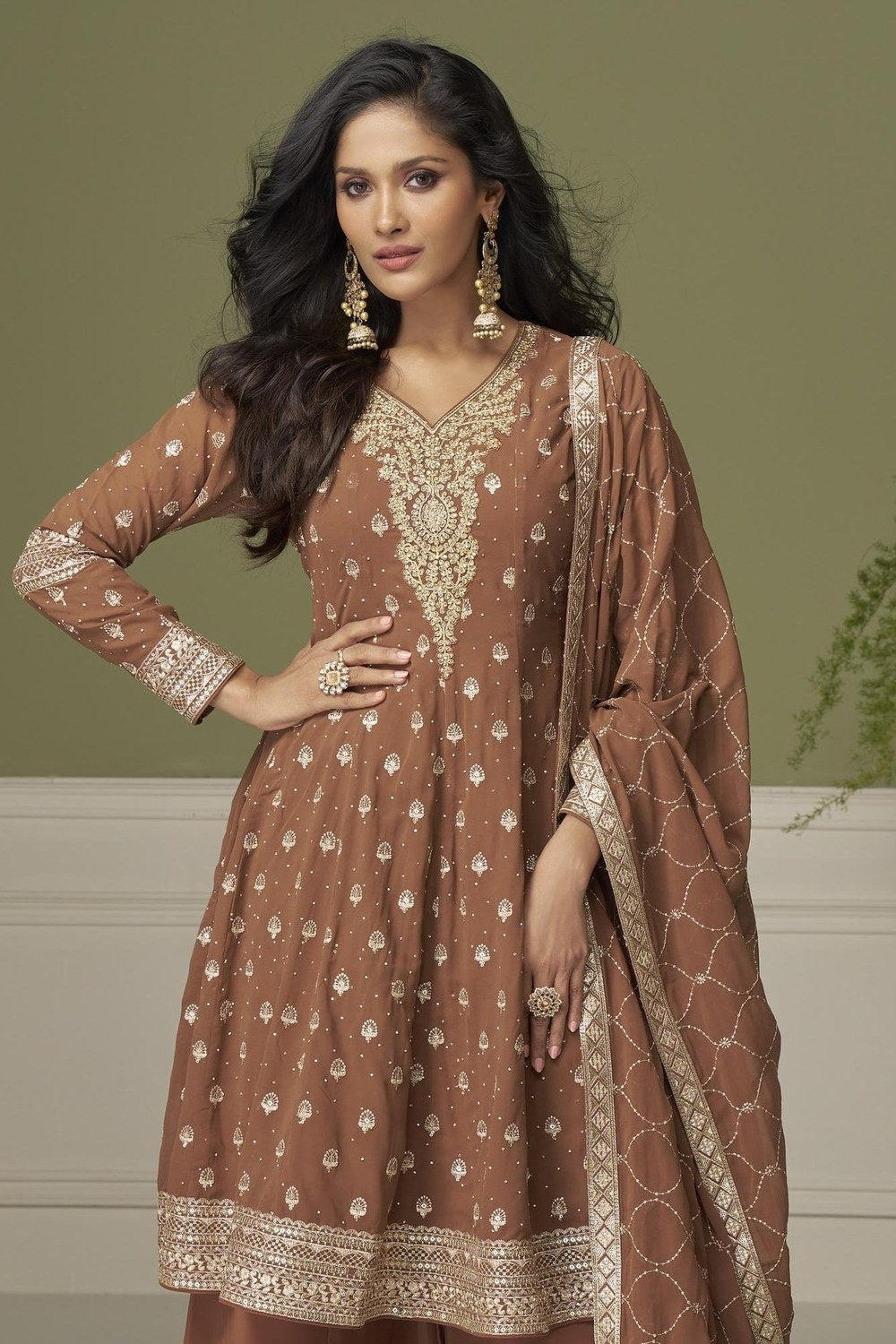 Brown Georgette Kameez With Palazzo For Indian & Pakistani Wedding Festival - Thread & Sequins Embroidery Work, Swarovski Work - close-up view