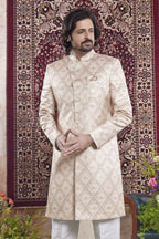 Blush Peach Jacquard Mens Indian Wedding Attire Indo Western - close-up view